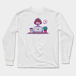 Woman Customer Service working on Laptop with Headphone Long Sleeve T-Shirt